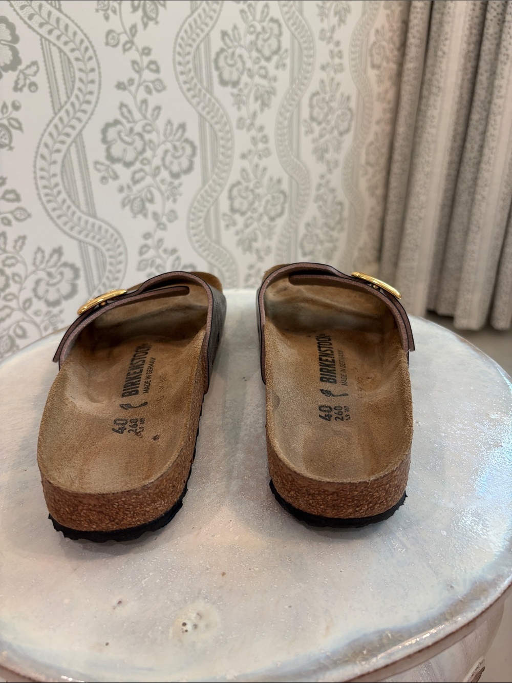 Birkenstock Metallic Bronze Single-Band Slide with Gold Buckles - Picture 3 of 6